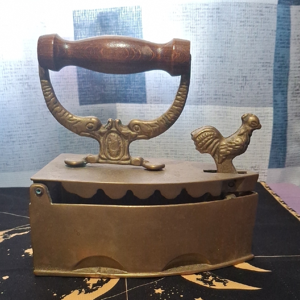 Vintage Brass Coal Iron with Cockerel Opener And Wooden Handle
